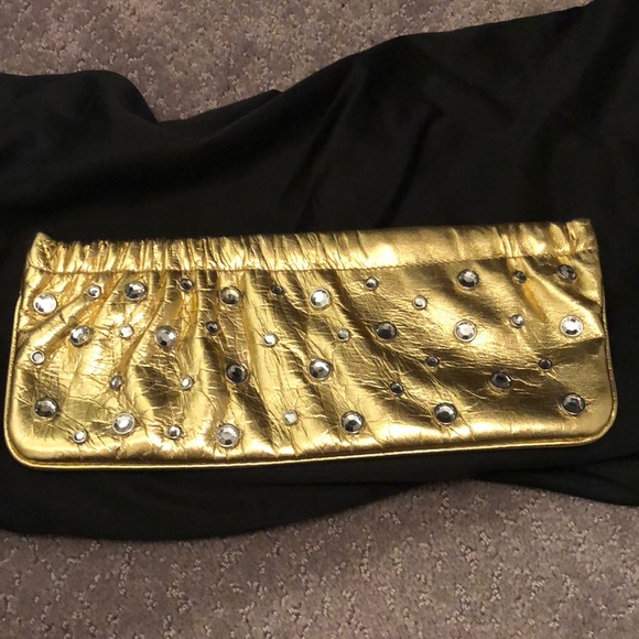 Bebe genuine leather gold evening clutch with diamond studs - Picture 1 of 3